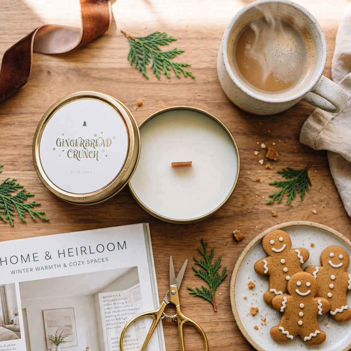 Gingerbread Crunch travel tin candle lifestyle photo