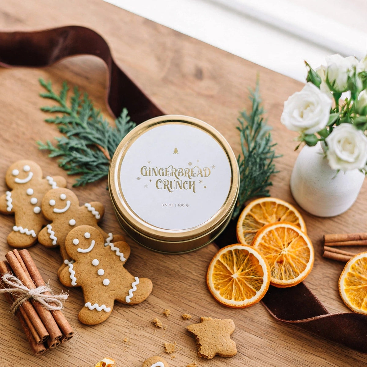Gingerbread Crunch travel tin candle styled photo