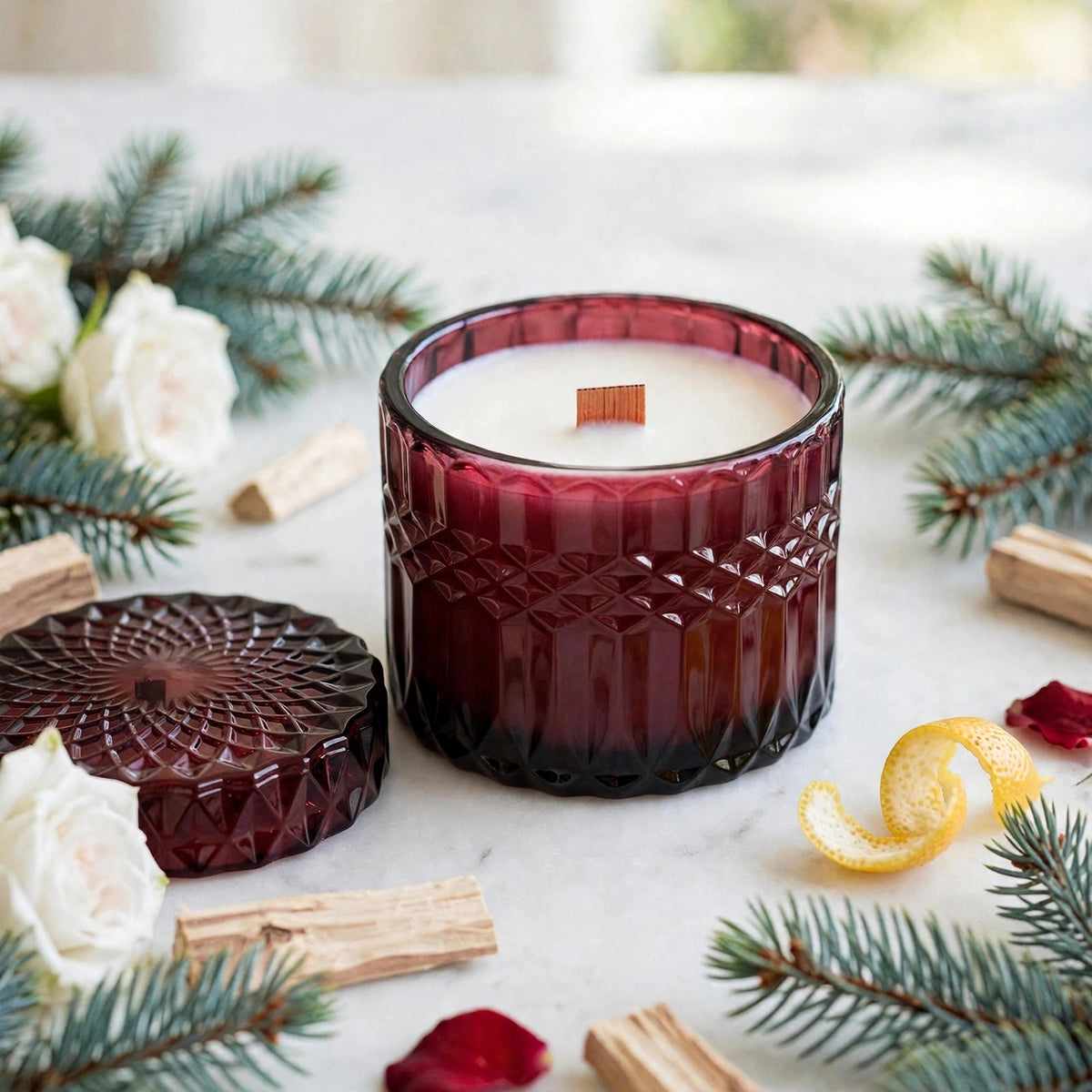 Gilded Rose Spruce vintage glass candle with spruce, white roses, rose petals and sandalwood