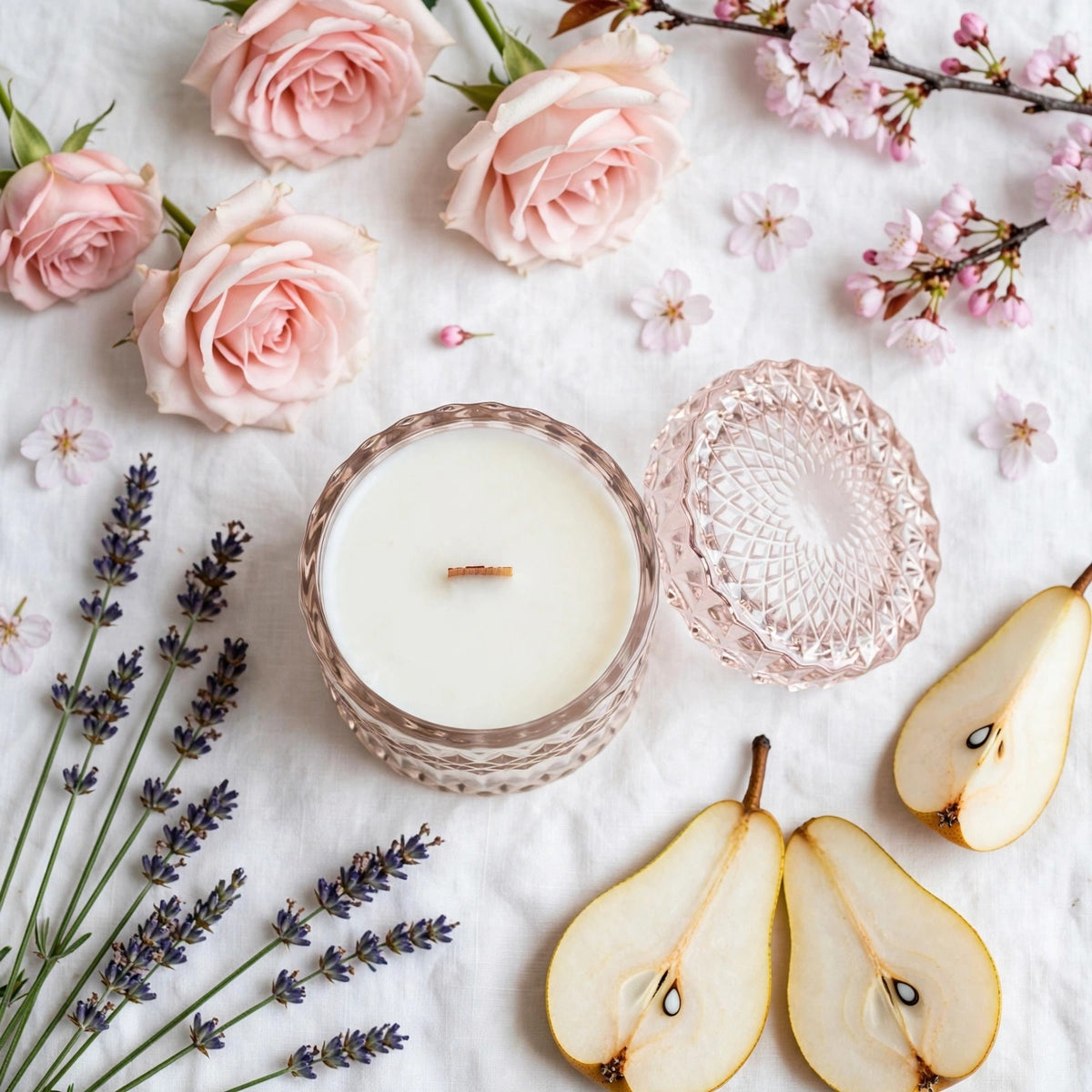 Lavender Moonflower vintage glass candle flat lay