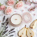 Lavender Moonflower vintage glass candle flat lay