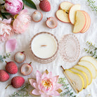 Lychee Peony Blossom vintage glass candle flat lay