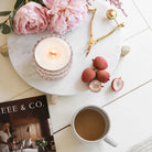 Lychee Peony Blossom vintage glass candle lifestyle