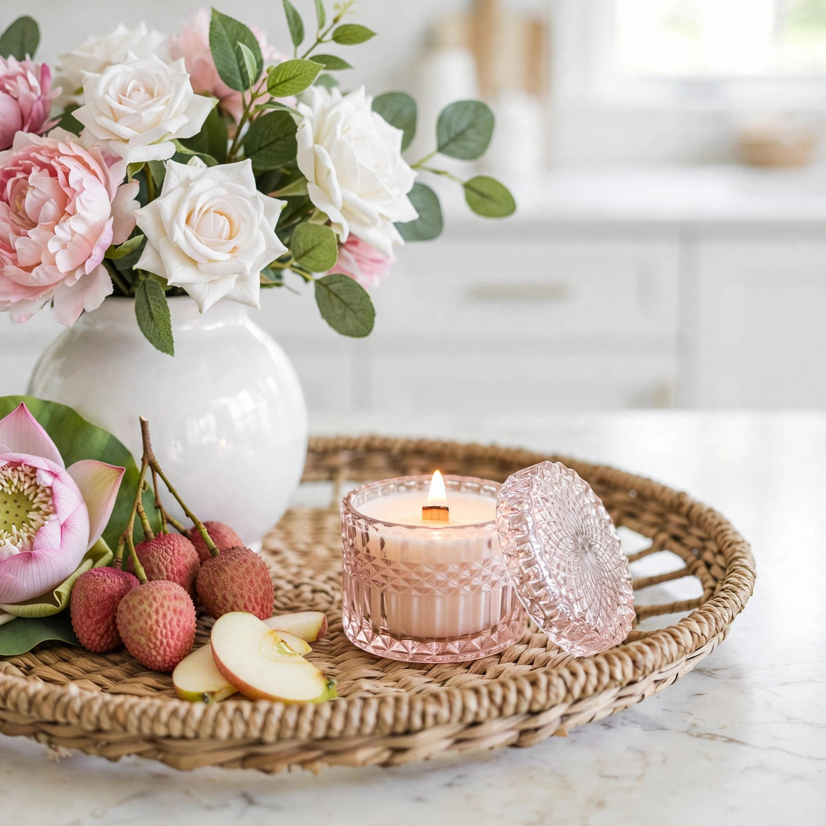 Lychee Peony Blossom vintage glass candle styled