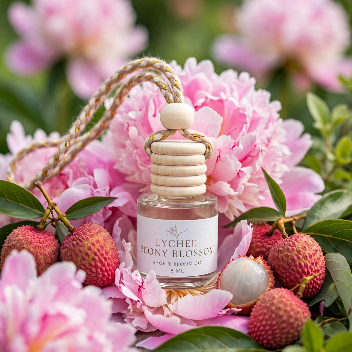 Lychee Peony Blossom car diffuser among peonies
