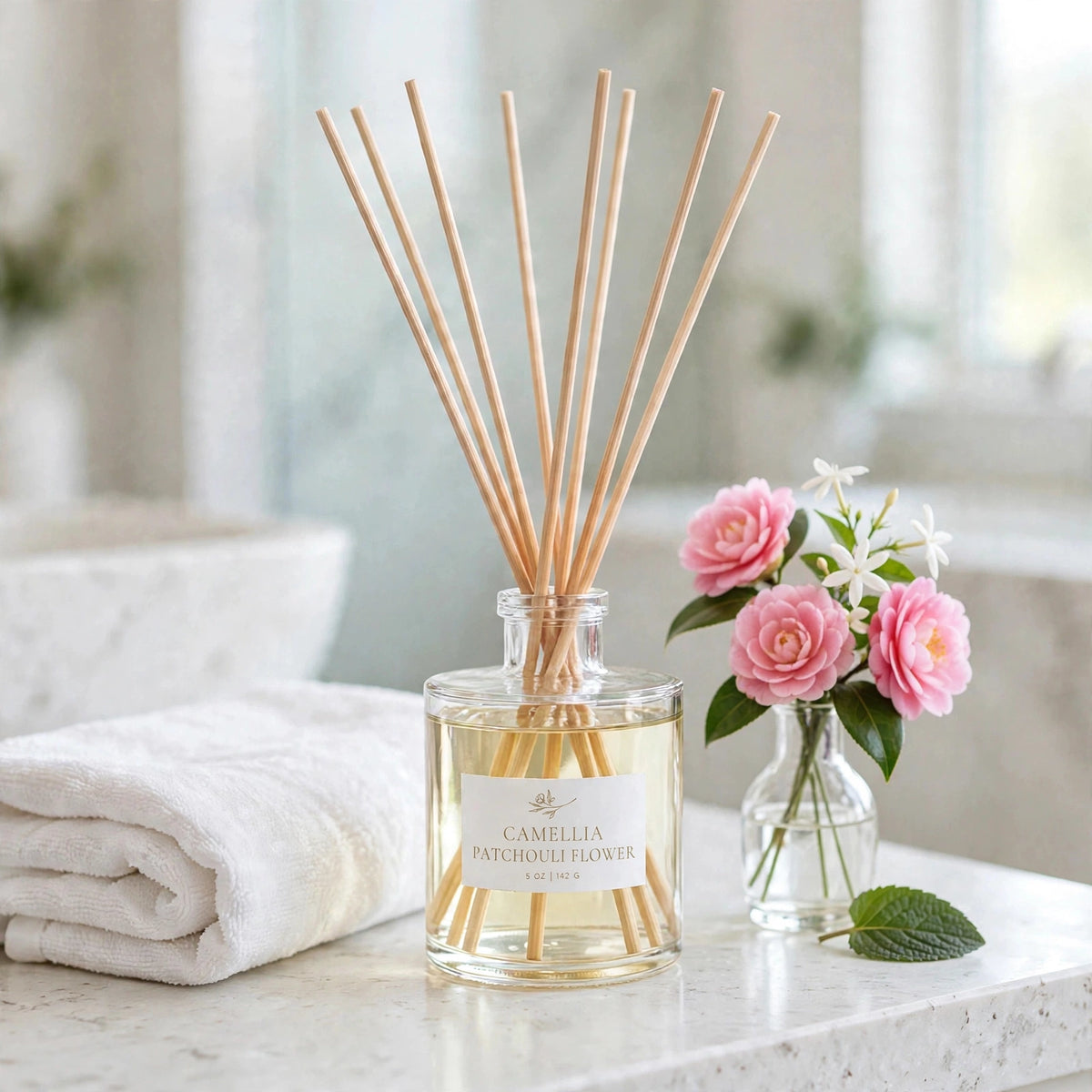 Camellia Patchouli Flower Reed Diffuser in bathroom