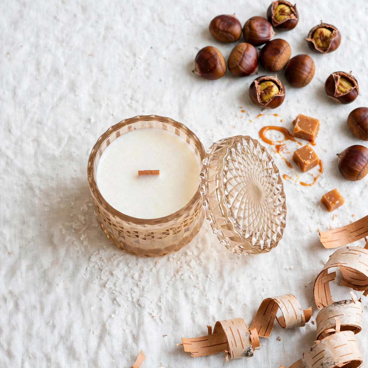 Chestnut Birch vintage glass candle flat lay