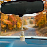 Fireside Marshmallows car diffuser hanging in car with fall landscape