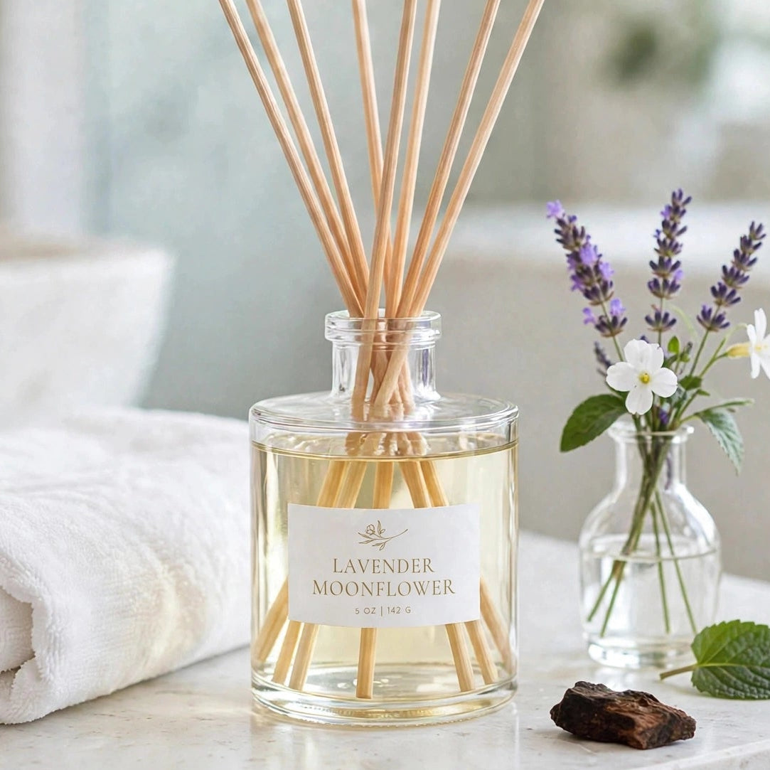 Lavender Moonflower Reed Diffuser in bathroom
