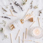 Mini Apothecary Matches flat lay with lavender and lit candle