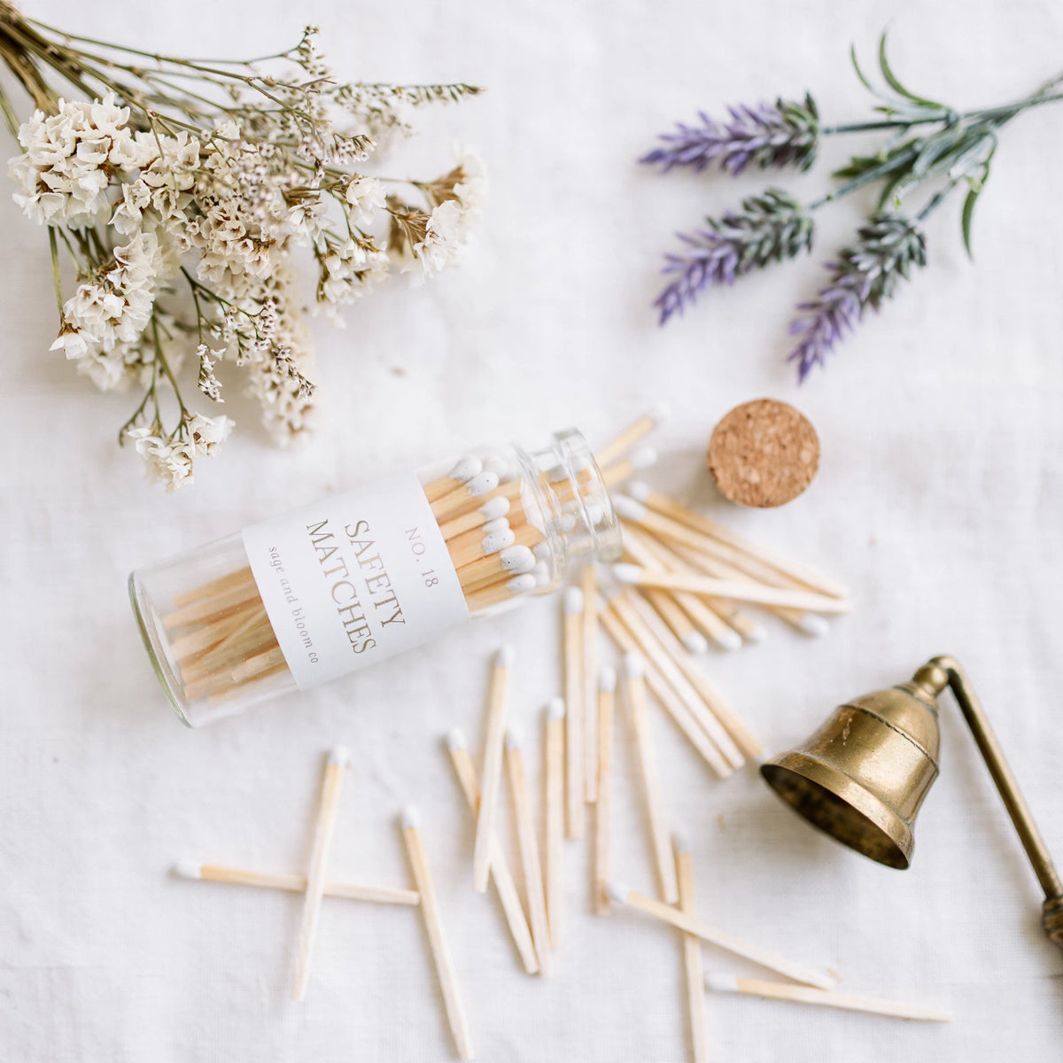 Mini Apothecary Matches flat lay with brass snuffer