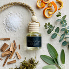 Beachwood Sea Salt car diffuser flat lay with sea salt, orange peel, eucalyptus, sage, teakwood and moss