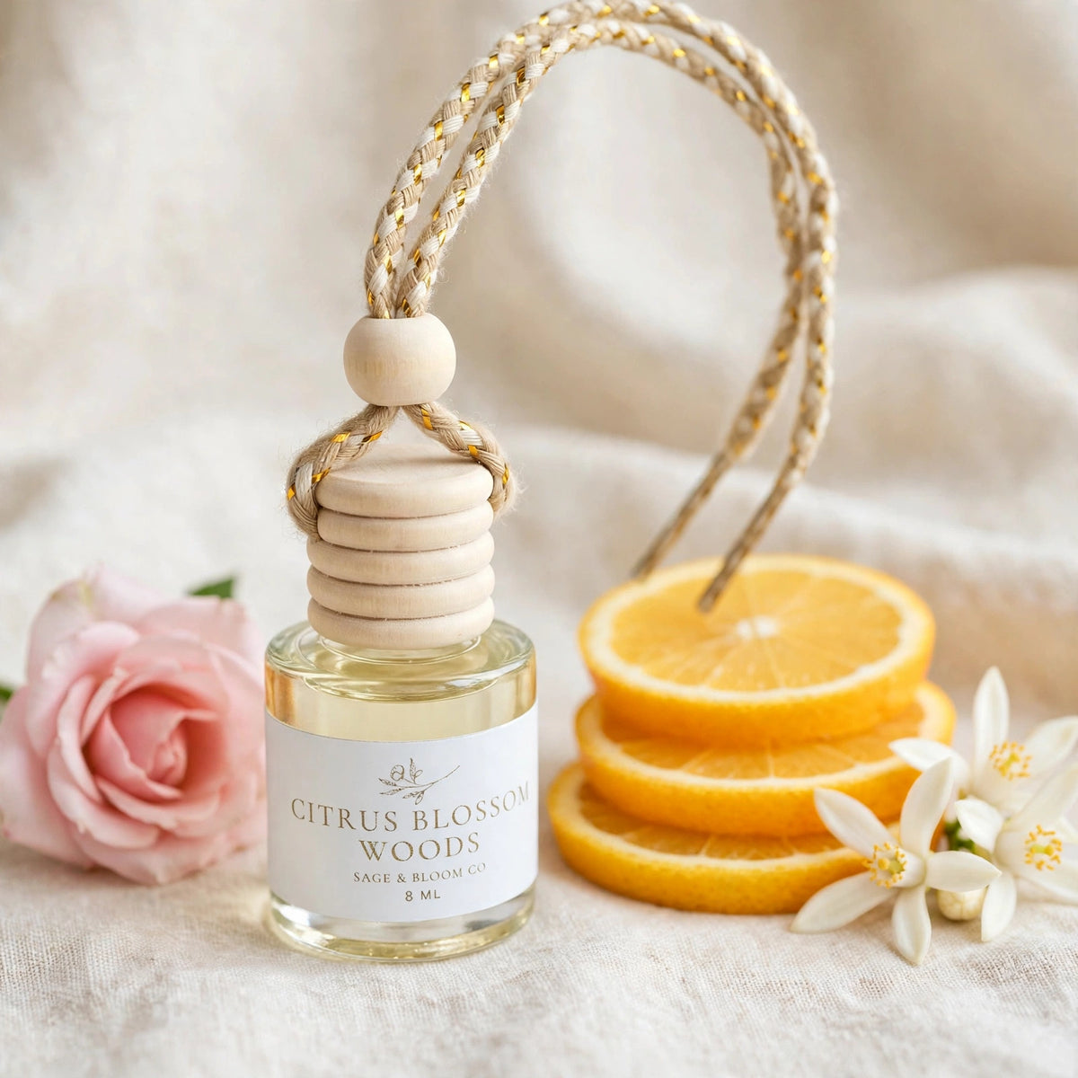 Citrus Blossom Woods car diffuser styled with citrus slices, orange blossoms and rose