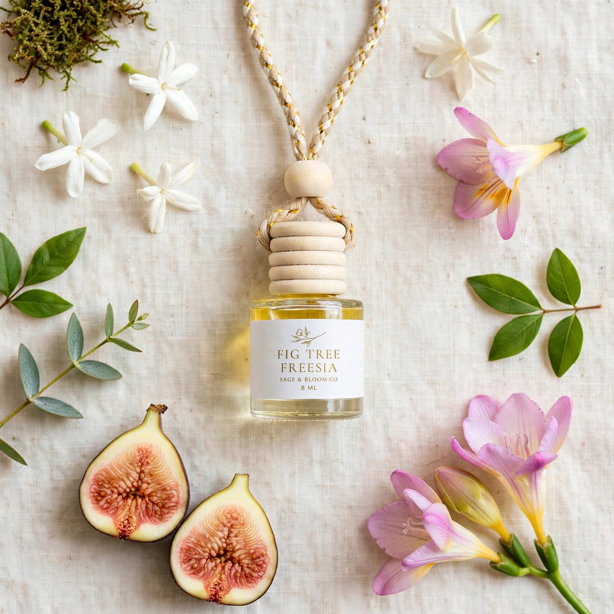 Fig Tree Freesia car diffuser flat lay with figs, freesia, jasmine, leaves and moss