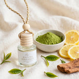 Matcha Bergamot car diffuser styled with matcha powder, lemon, tea leaves and sandalwood