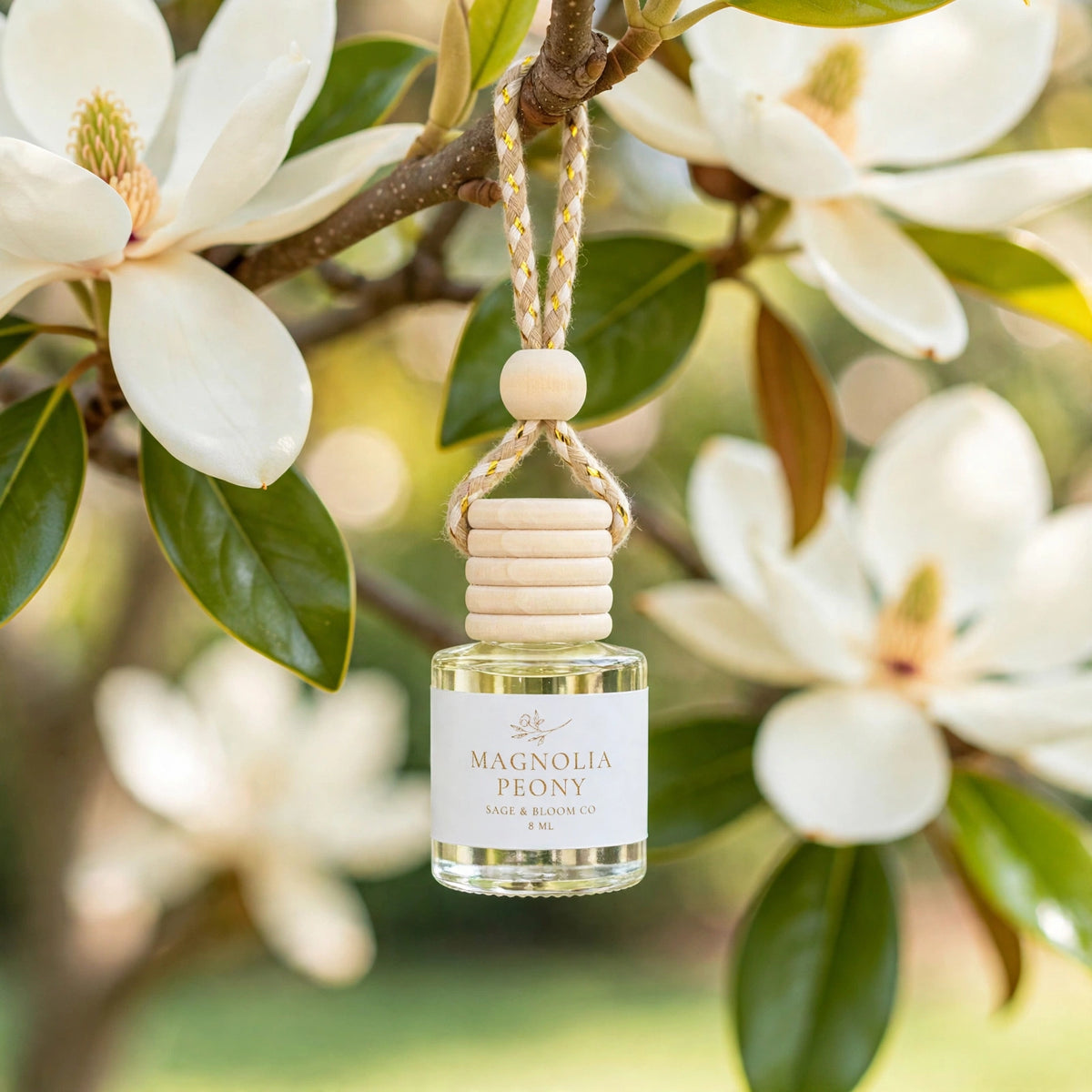 Magnolia Peony car diffuser hanging from a magnolia branch