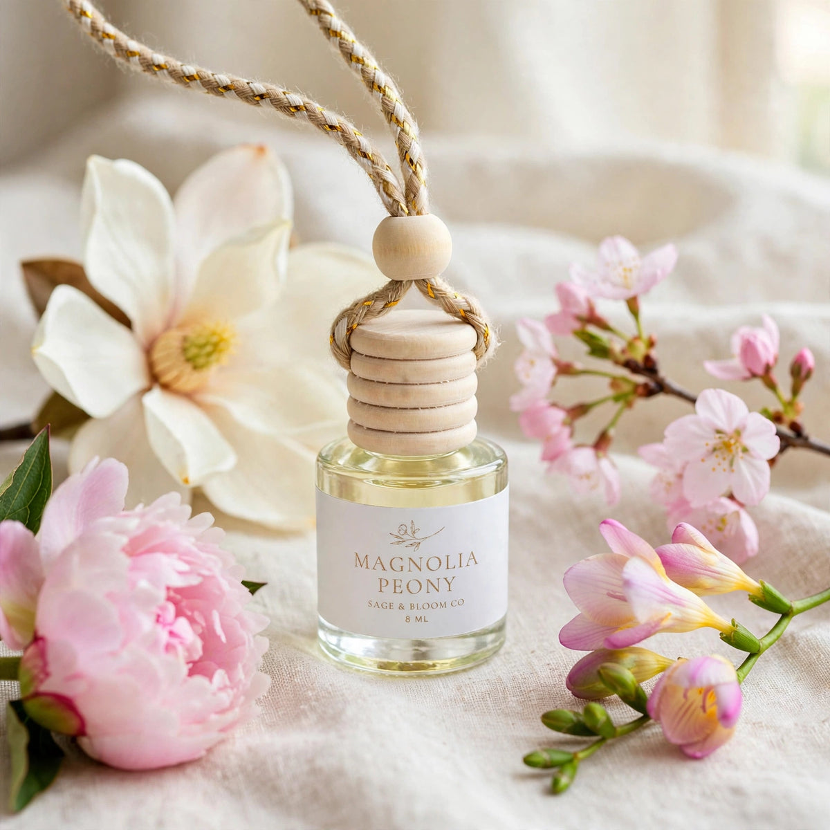 Magnolia Peony car diffuser styled with magnolia, peony, freesia and cherry blossom