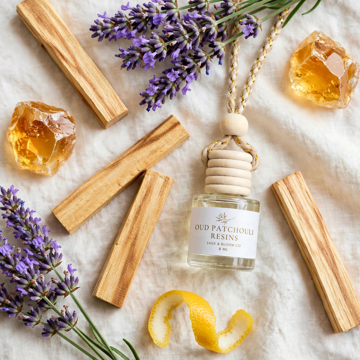Oud Patchouli Resins car diffuser flat lay with Palo Santo sticks, lavender, amber and lemon rind