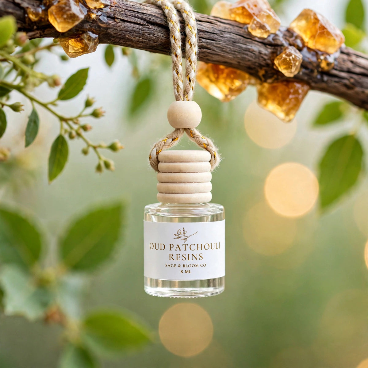 Oud Patchouli Resins car diffuser hanging from a resin-covered branch