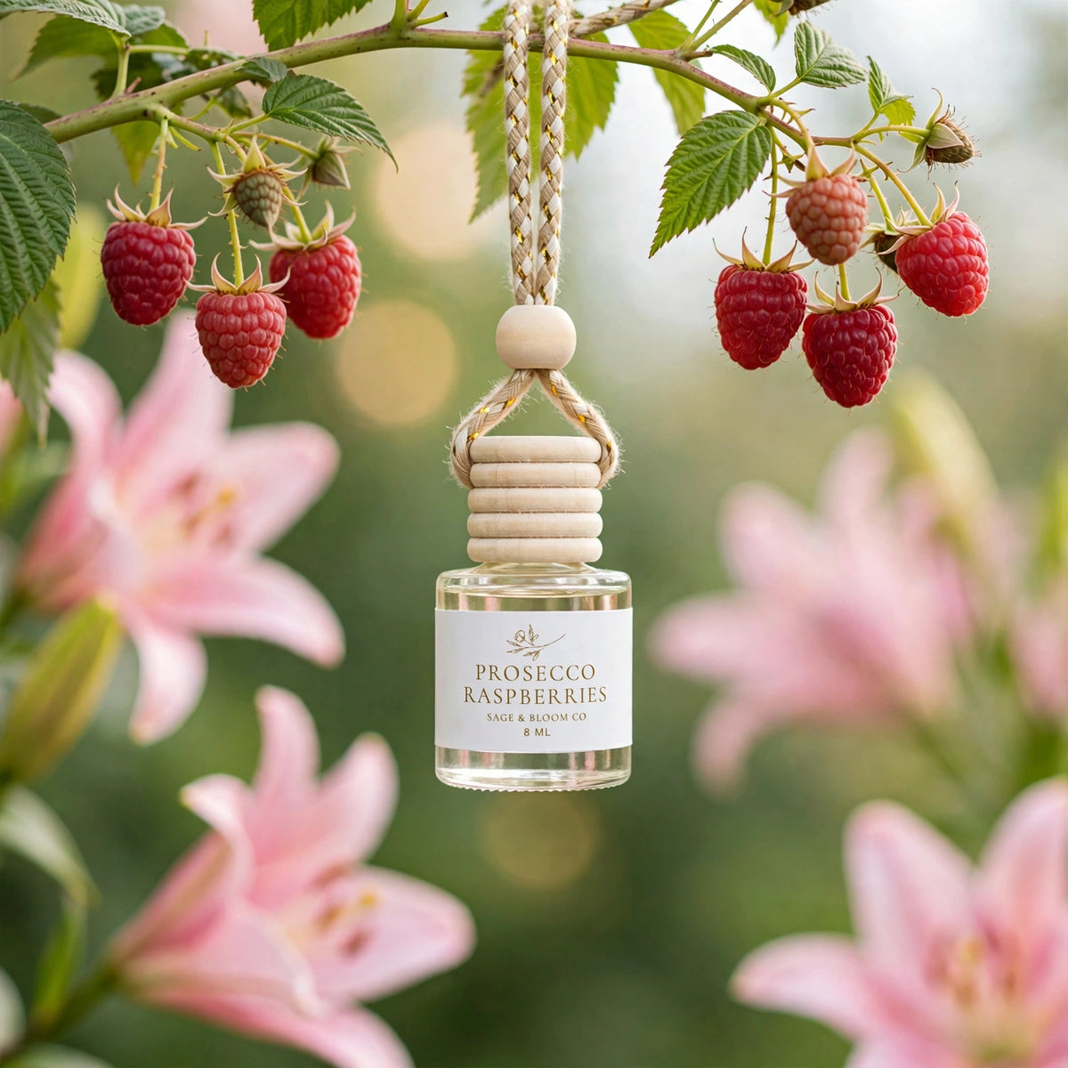 Prosecco Raspberries car diffuser hanging from a raspberry vine