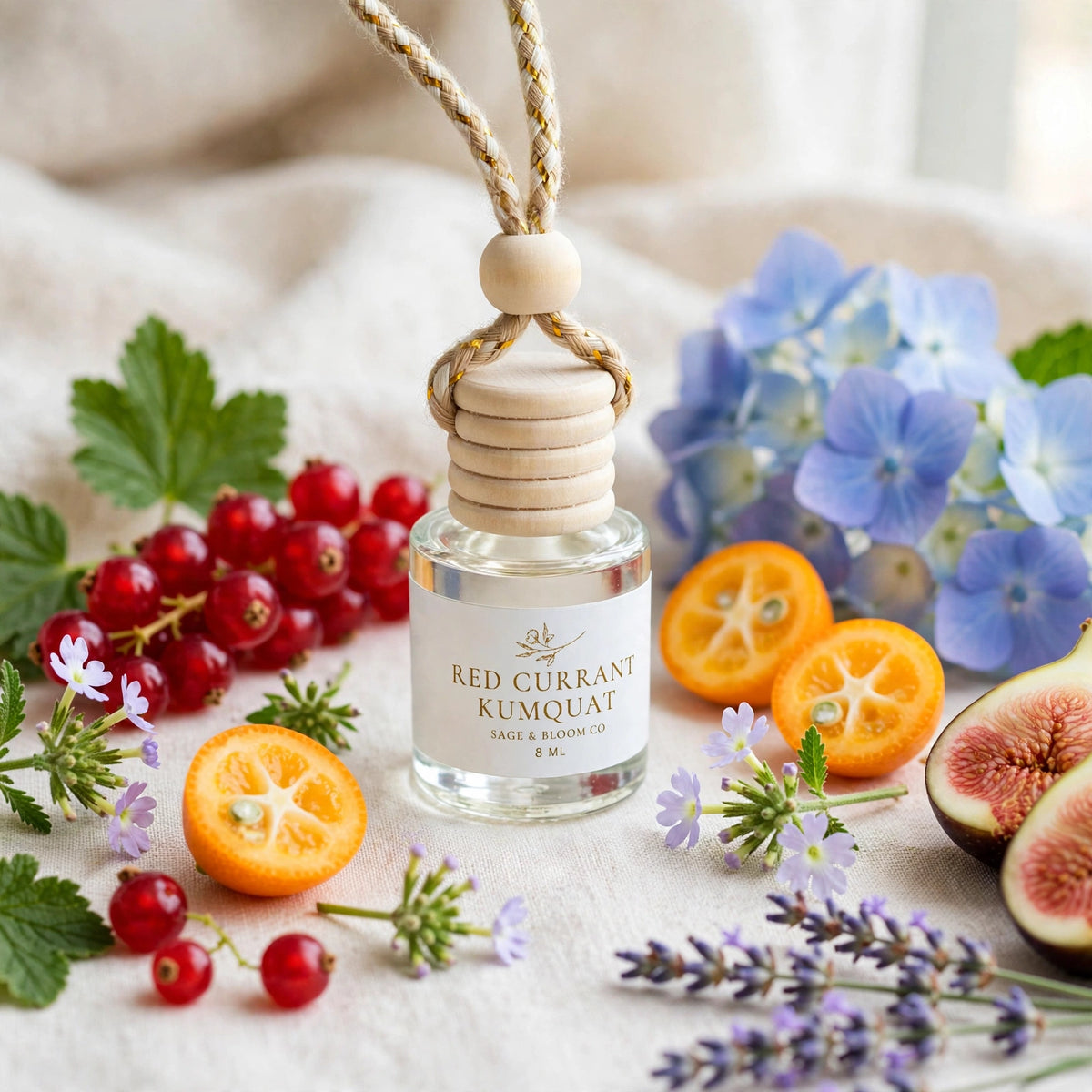 Red Currant Kumquat car diffuser styled with red currants, kumquats, hydrangea and fig
