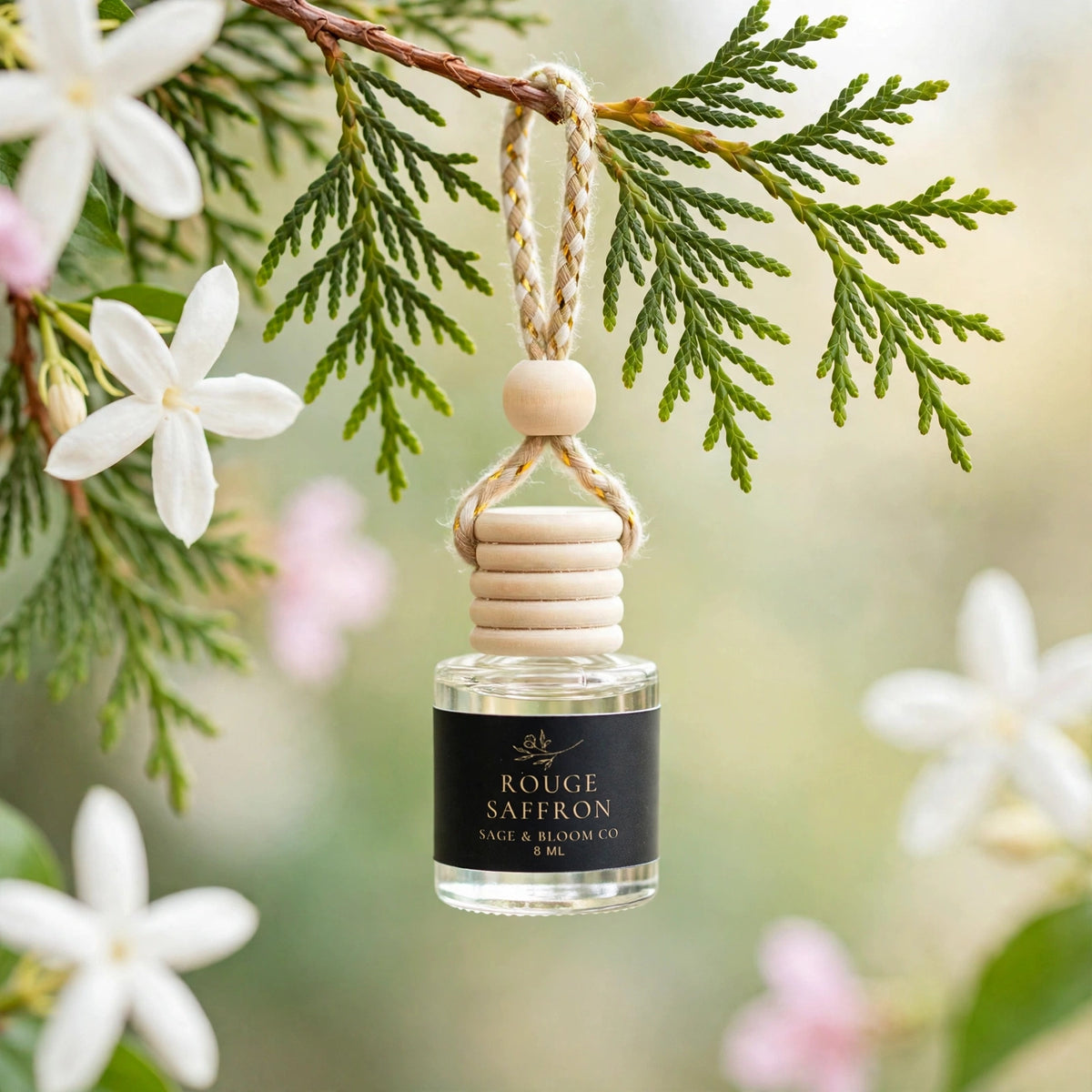 Rouge Saffron car diffuser hanging from a cedar branch with jasmine