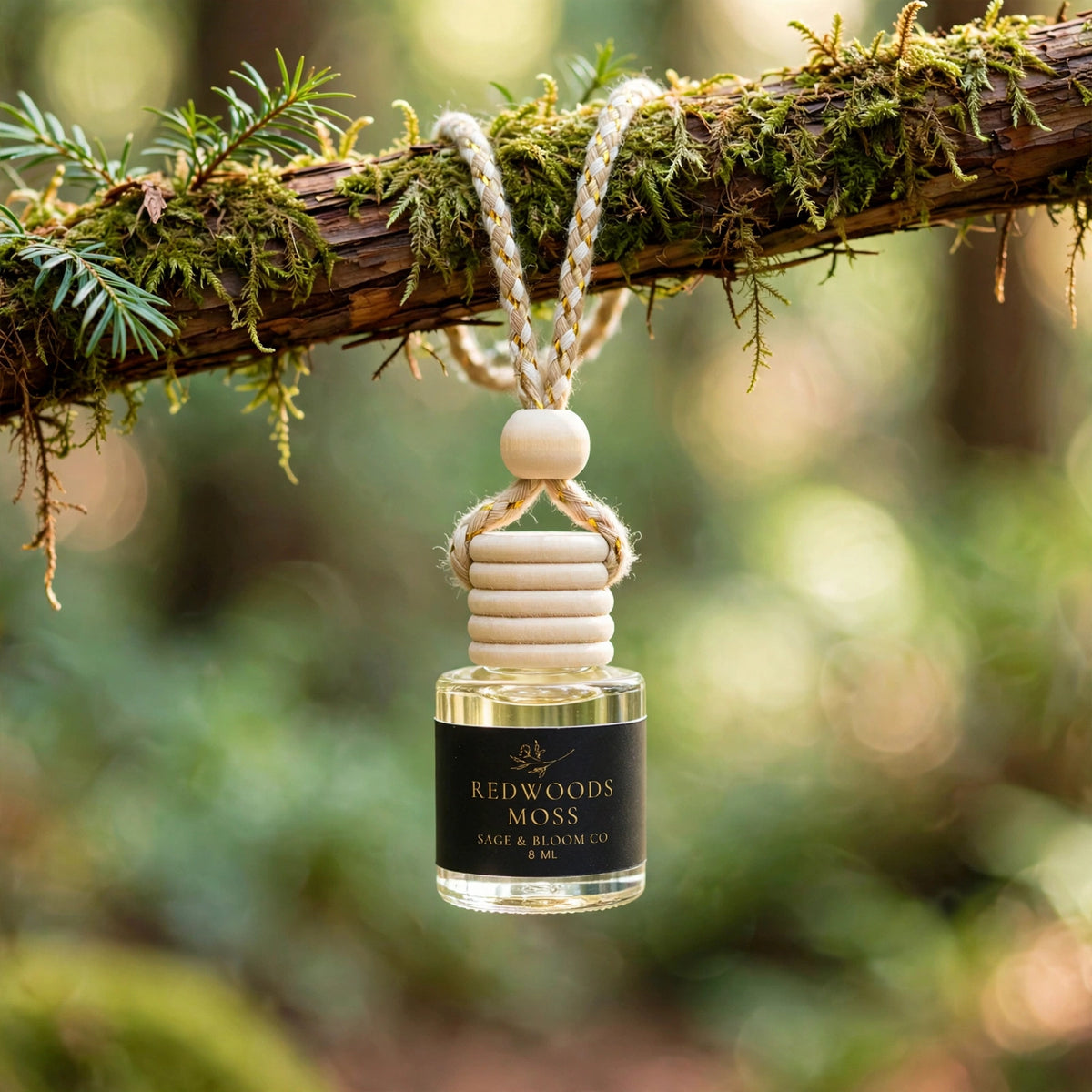 Redwoods Moss car diffuser hanging from a mossy redwood branch