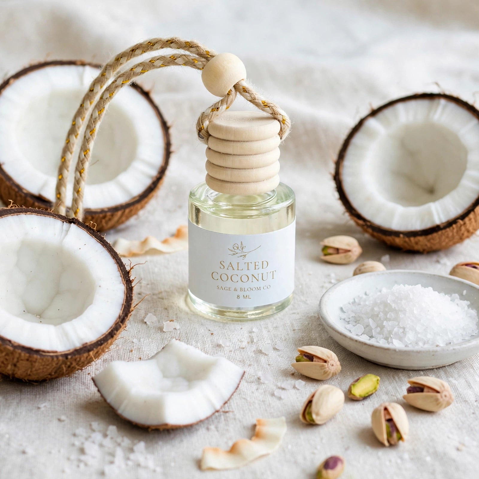 Salted Coconut car diffuser styled with coconut halves, sea salt and pistachios