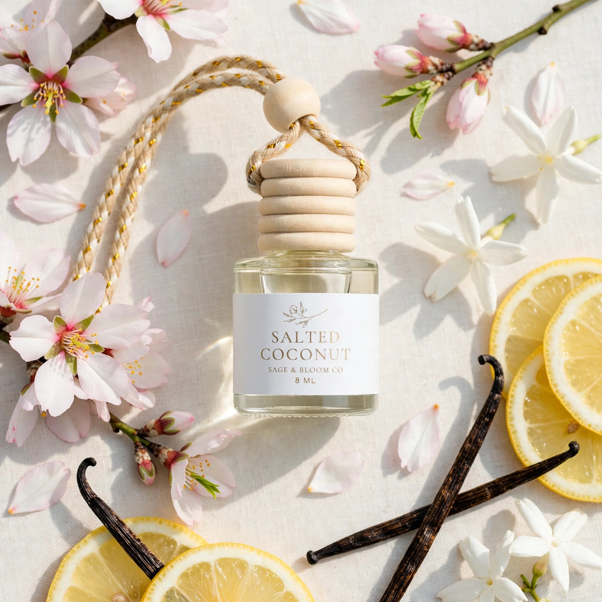 Salted Coconut car diffuser flat lay with almond blossom, vanilla beans, jasmine and lemon