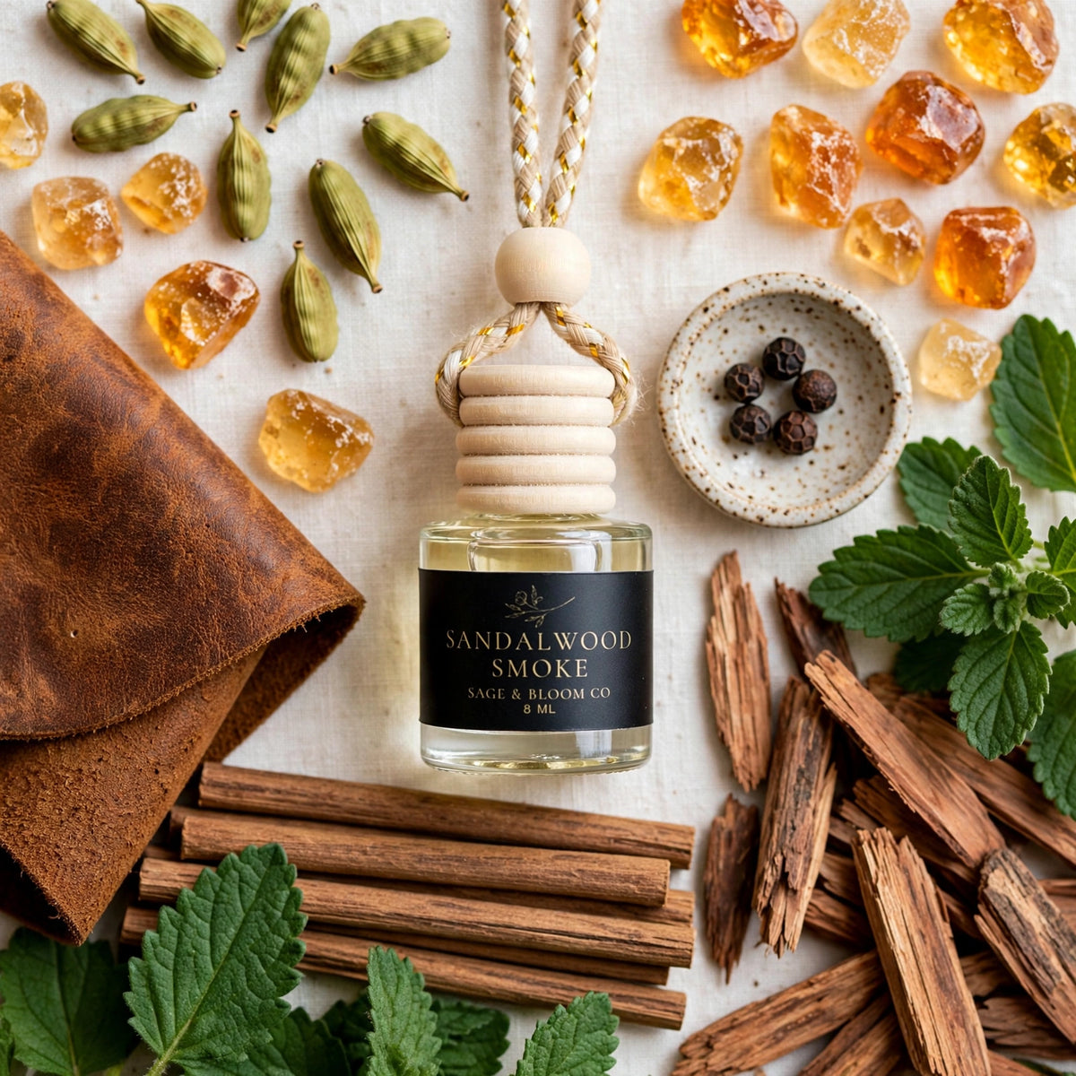 Sandalwood Smoke car diffuser flat lay with sandalwood, cardamom, pepper, leather and amber