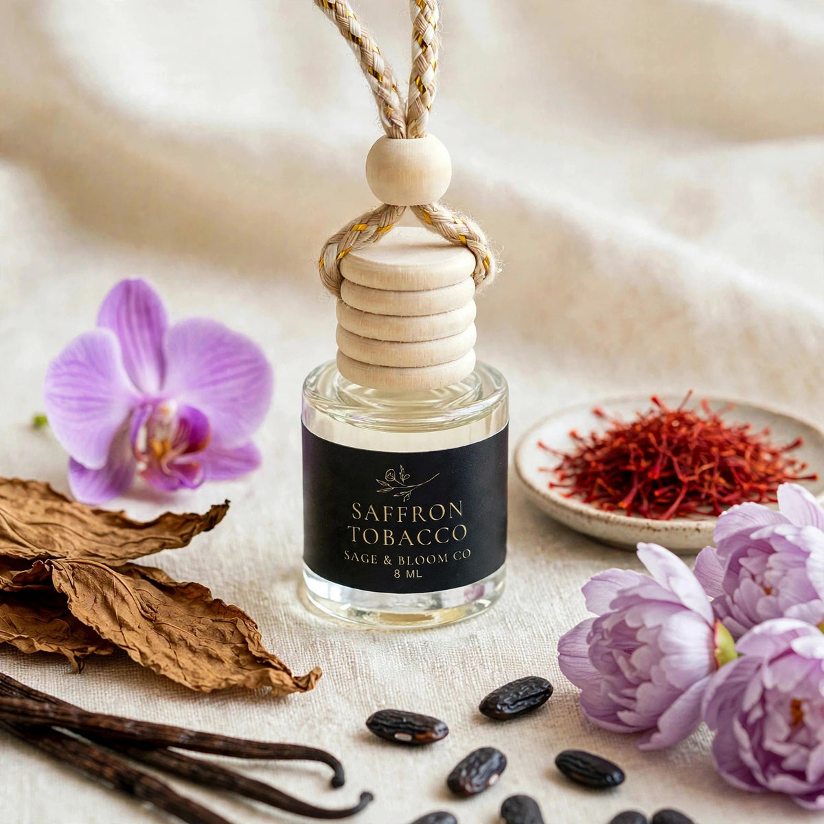 Saffron Tobacco car diffuser styled with saffron, peonies, orchid, tobacco, vanilla and tonka beans