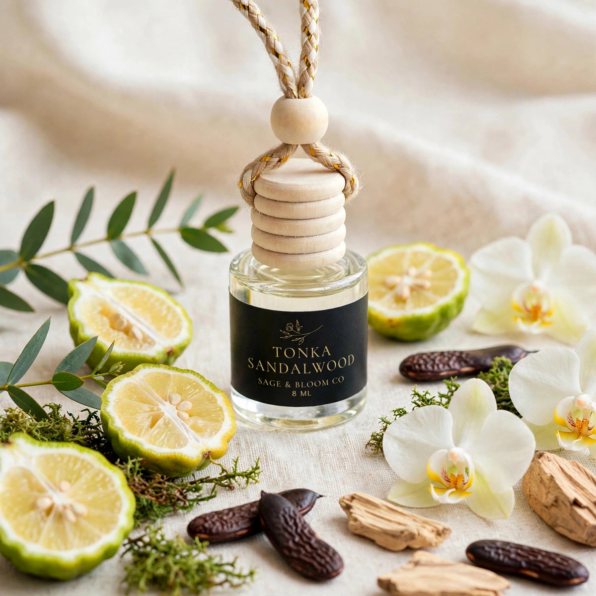 Tonka Sandalwood car diffuser styled with eucalyptus, bergamot, orchid, tonka beans and sandalwood