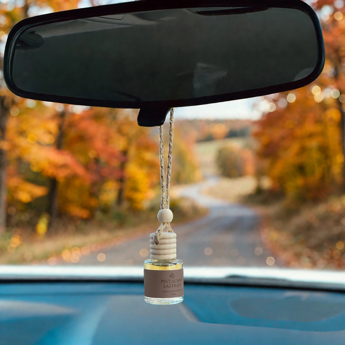 Pistachio Saffron car diffuser hanging in car with fall landscape
