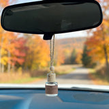 Quince Ambrosia Oats car diffuser hanging in car with fall landscape