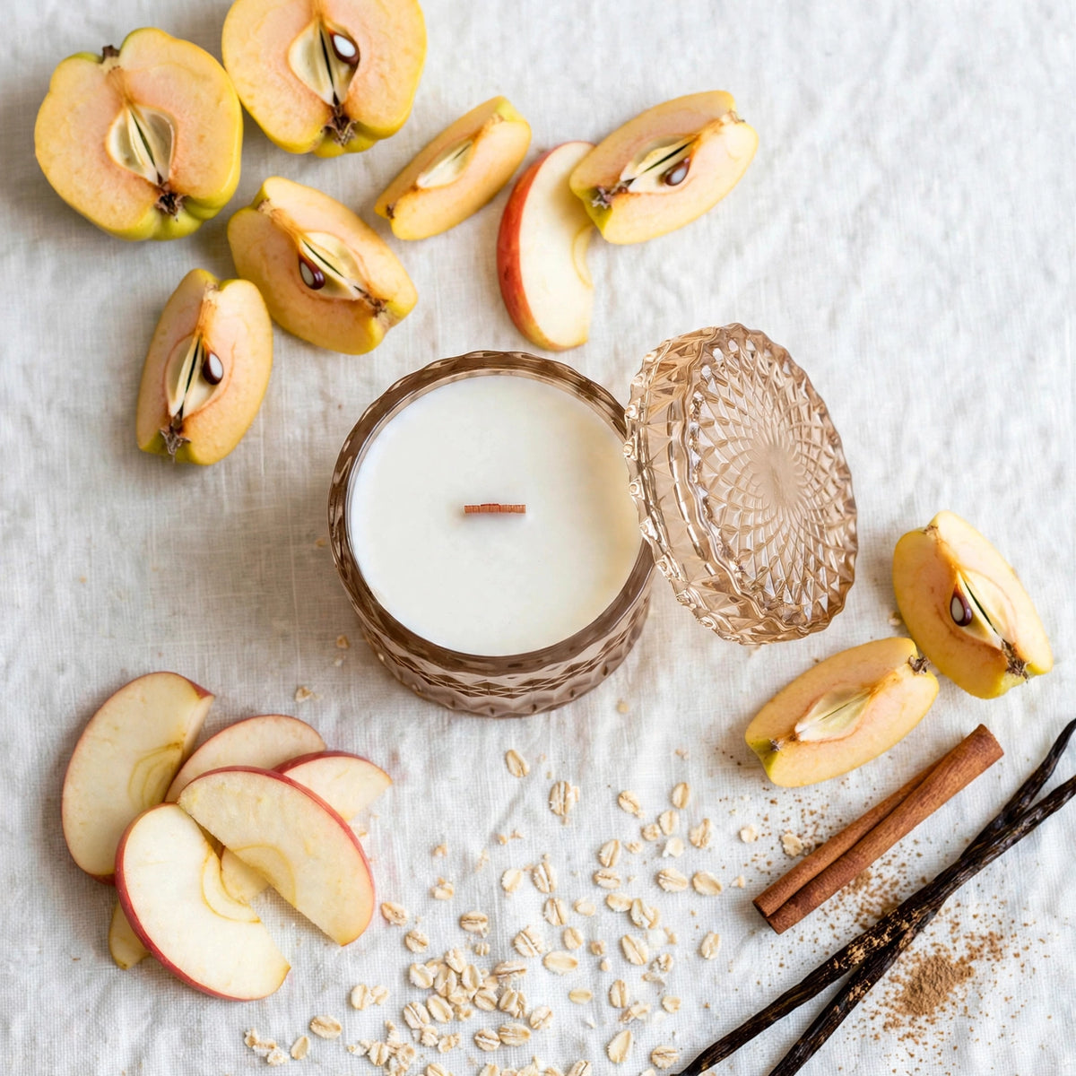 Quince Ambrosia Oats vintage glass candle flat lay