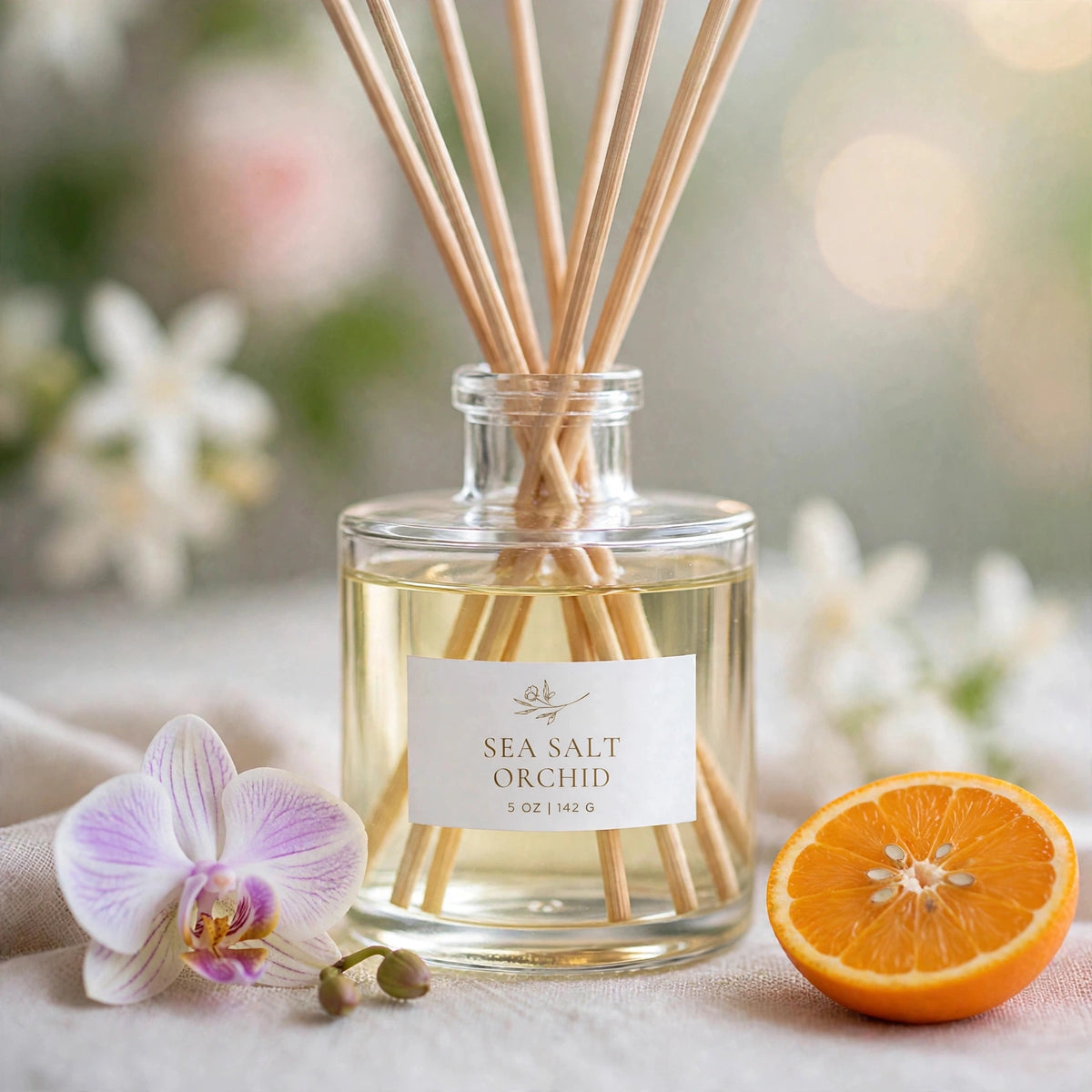 Sea Salt Orchid Reed Diffuser label close-up