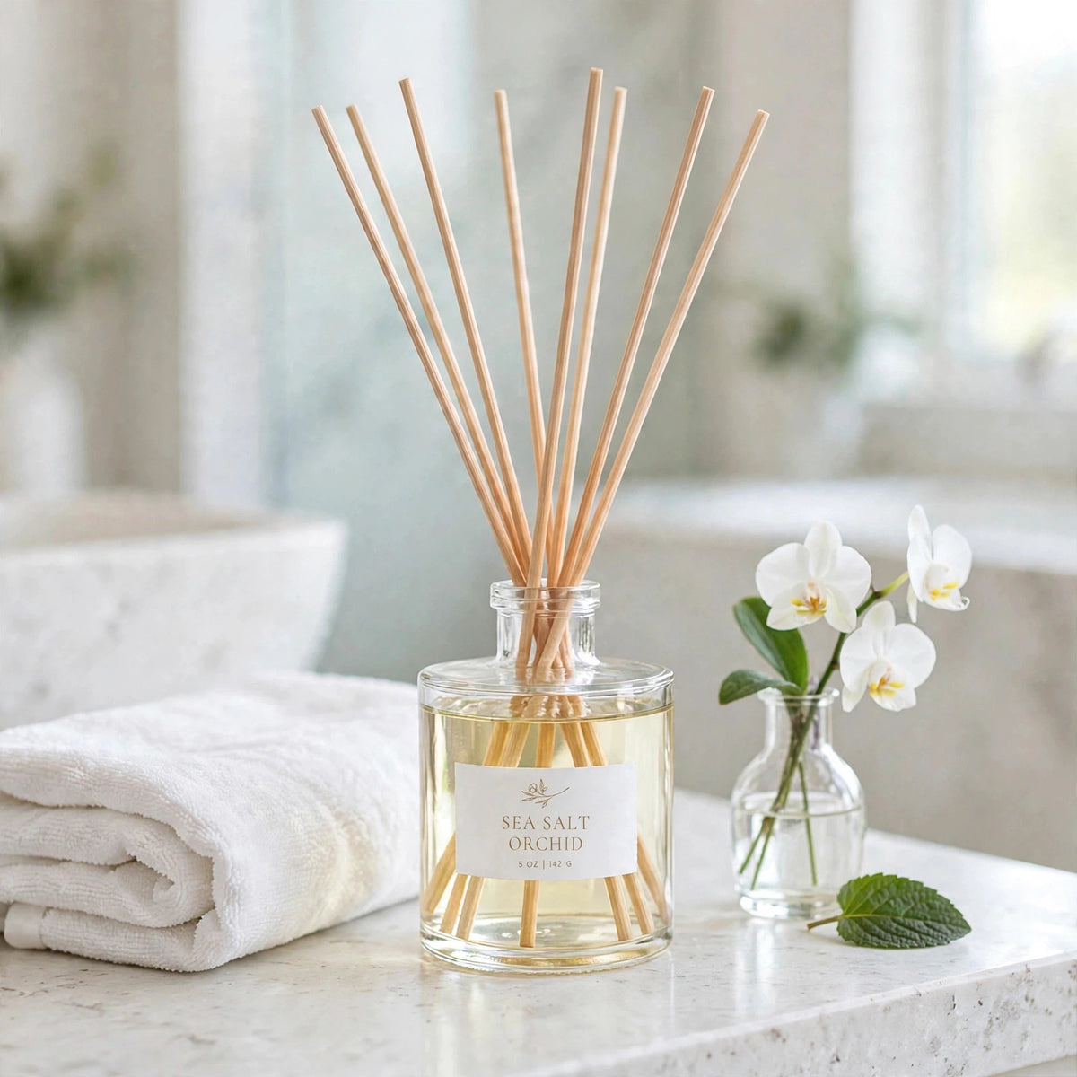 Sea Salt Orchid Reed Diffuser in bathroom