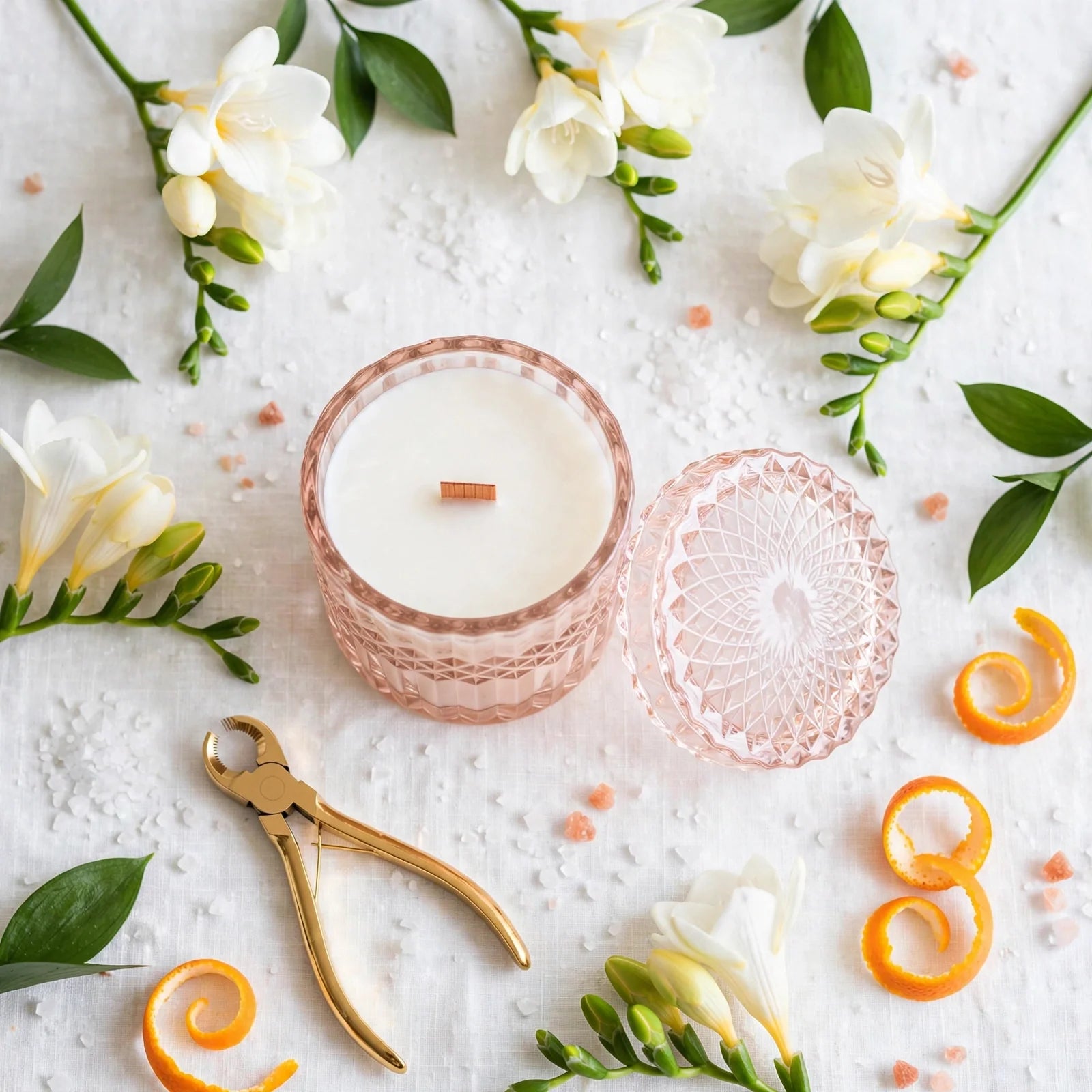 Overhead view of Sea Salt Orchid candle with white wax and wooden wick