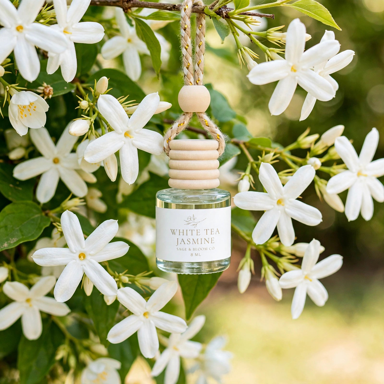 White Tea Jasmine car diffuser hanging among white jasmine blossoms