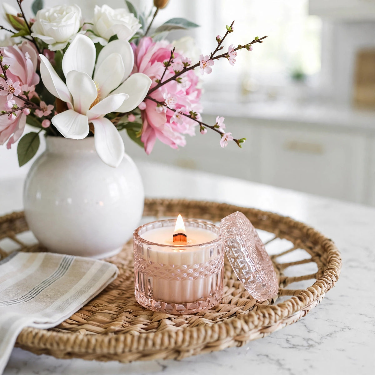 Magnolia Peony vintage glass candle styled