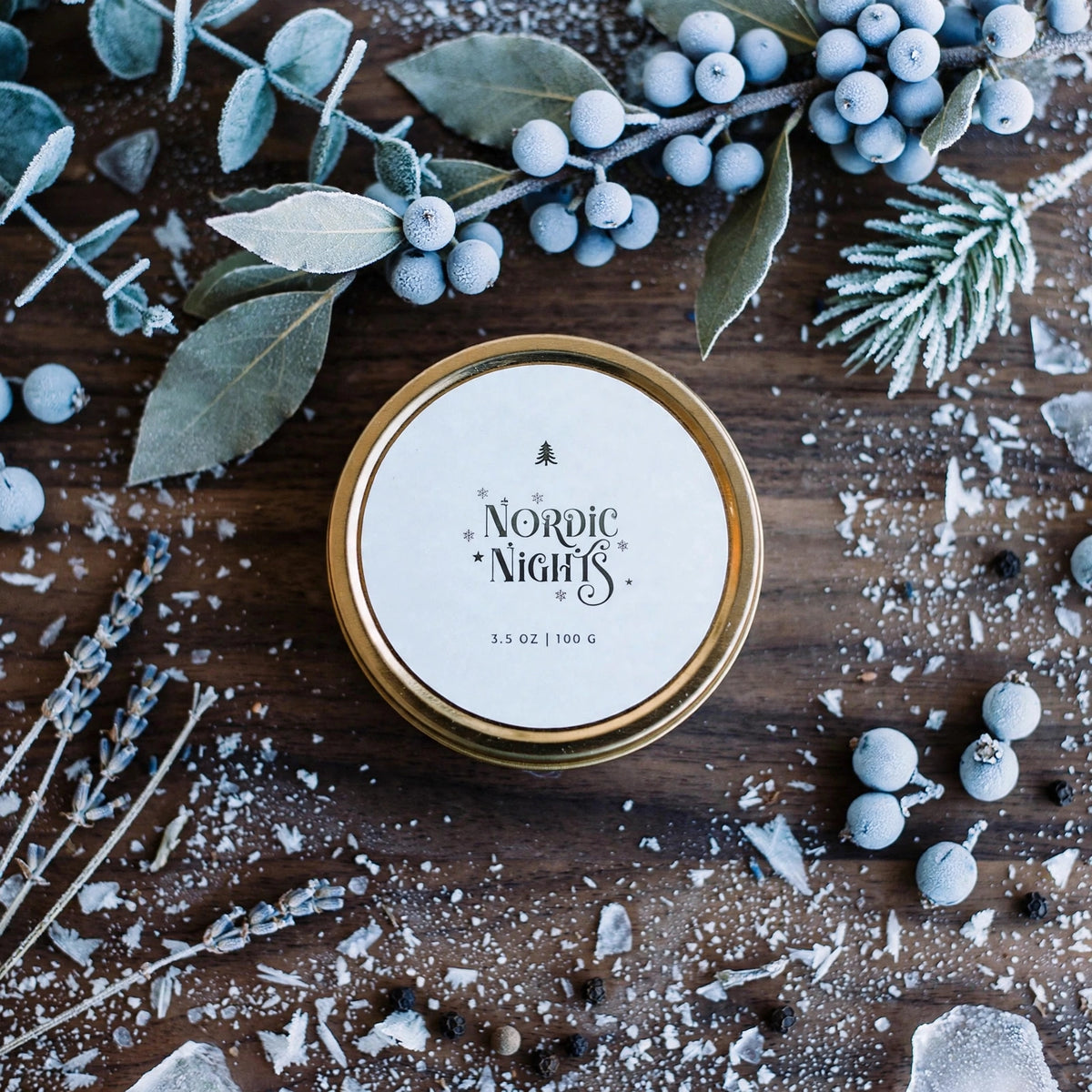 Nordic Nights travel tin candle with frosted bayberry on dark walnut