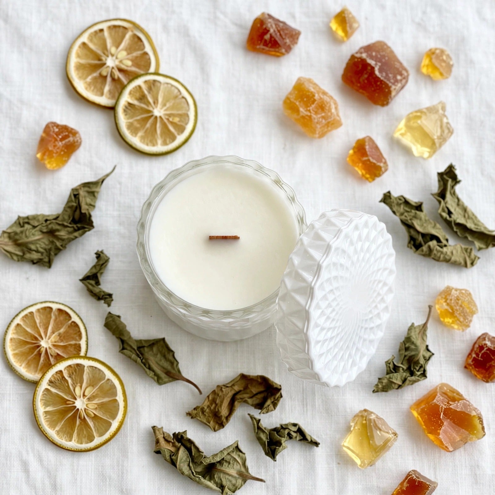 Oud Patchouli Resins vintage glass candle flat lay