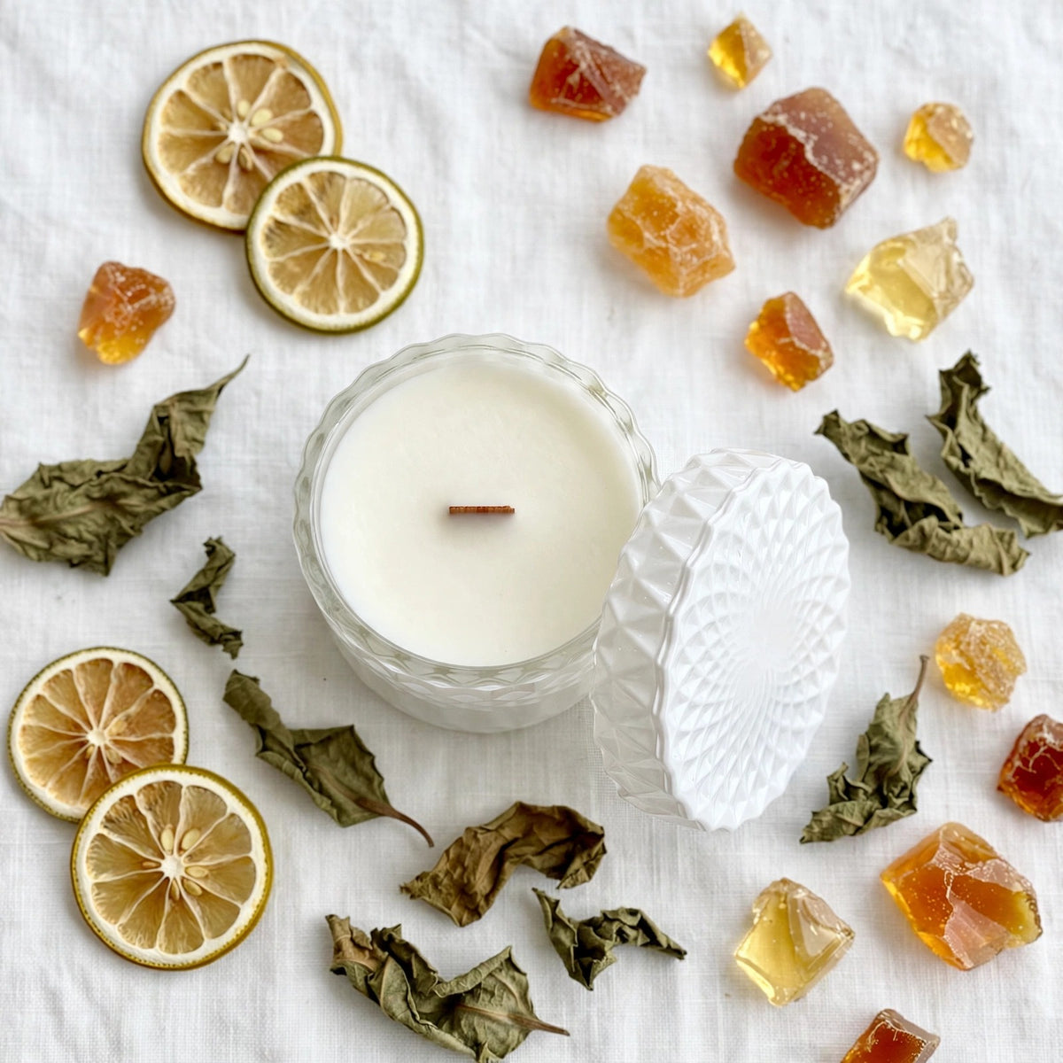 Oud Patchouli Resins vintage glass candle flat lay