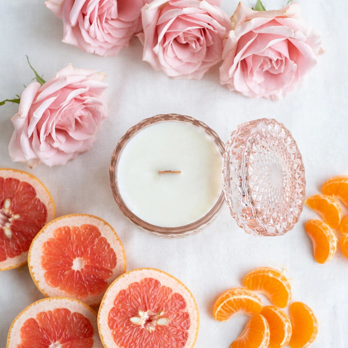 Pink Peony Grapefruit vintage glass candle flat lay