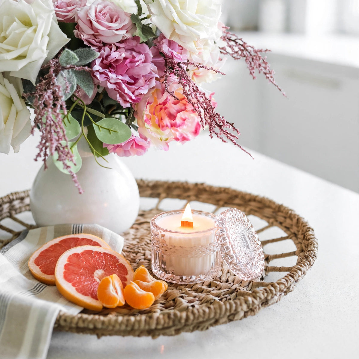 Pink Peony Grapefruit vintage glass candle styled