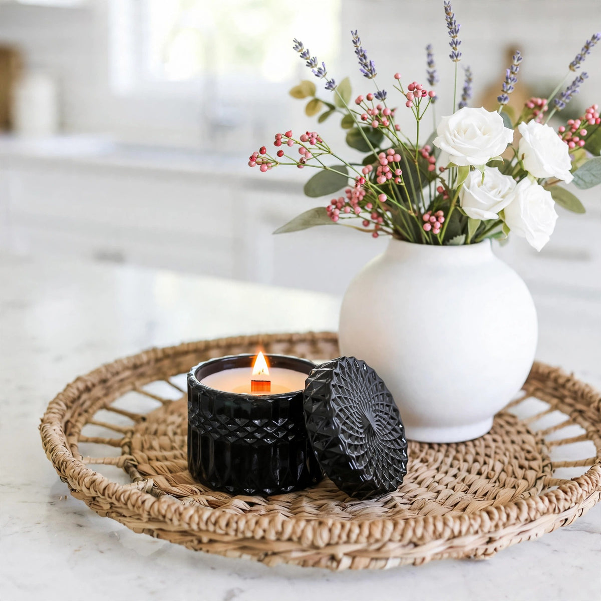 Pink Pepper Vetiver vintage glass candle styled