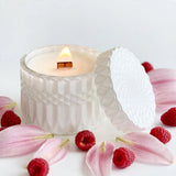 Prosecco Raspberries vintage glass candle detail