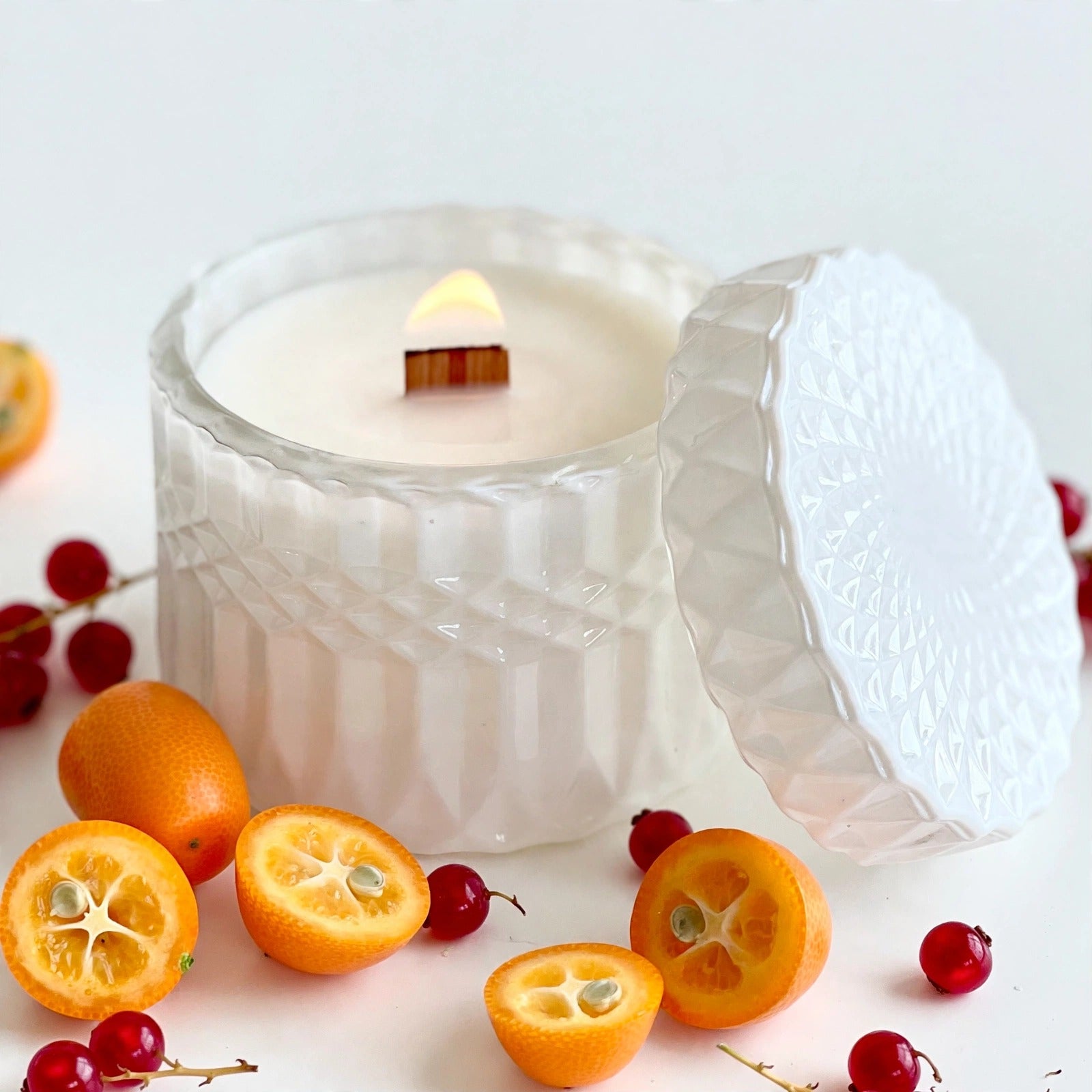 Red Currant Kumquat vintage glass candle detail