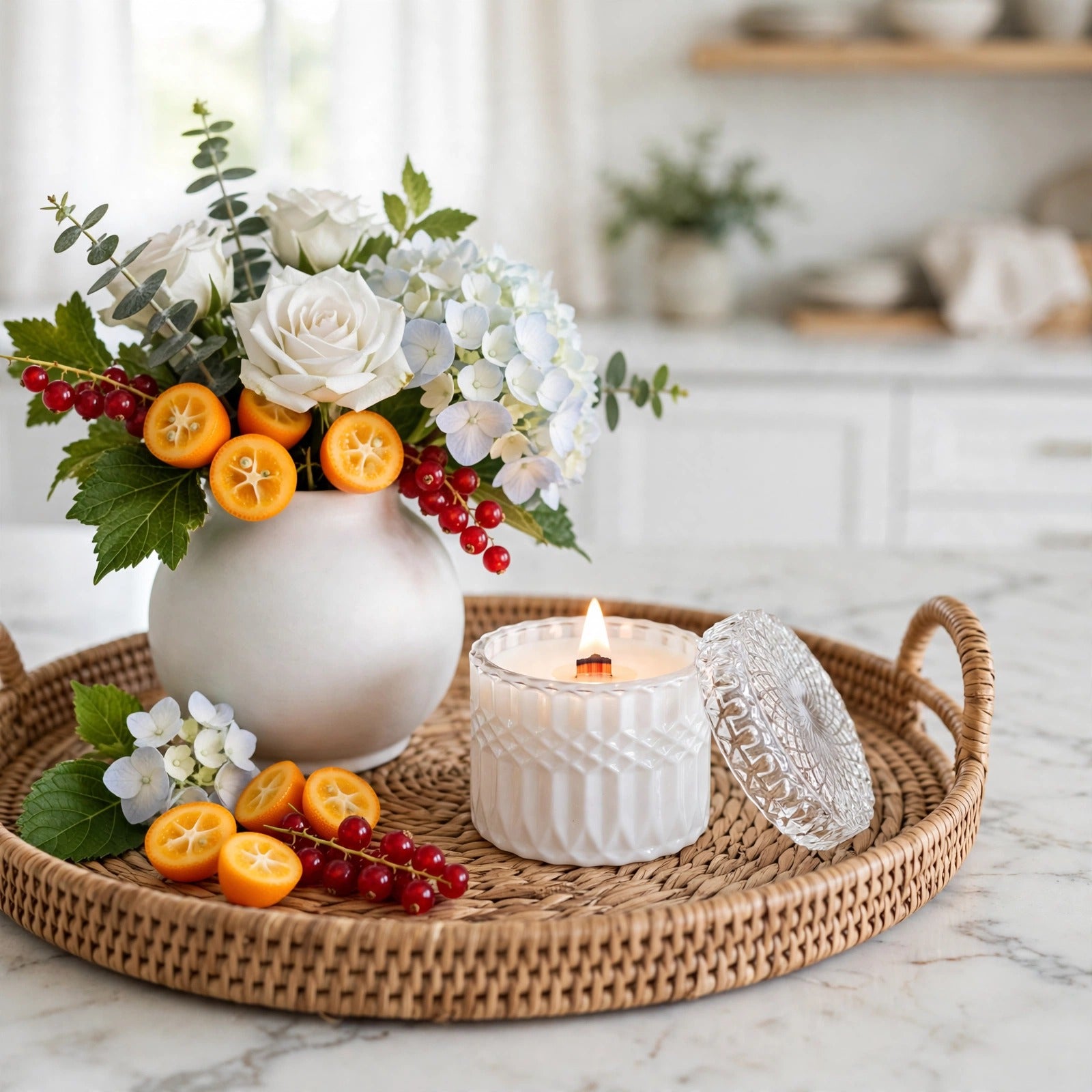 Red Currant Kumquat vintage glass candle styled