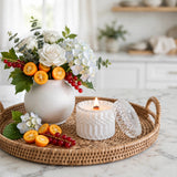 Red Currant Kumquat vintage glass candle styled